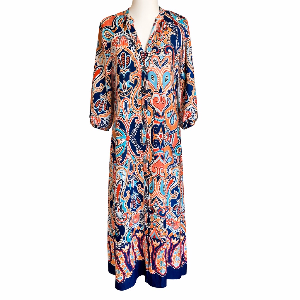 Zara Paisley Boho Long Dress Size S Button Front Boxy Resortwear Festival Scarf